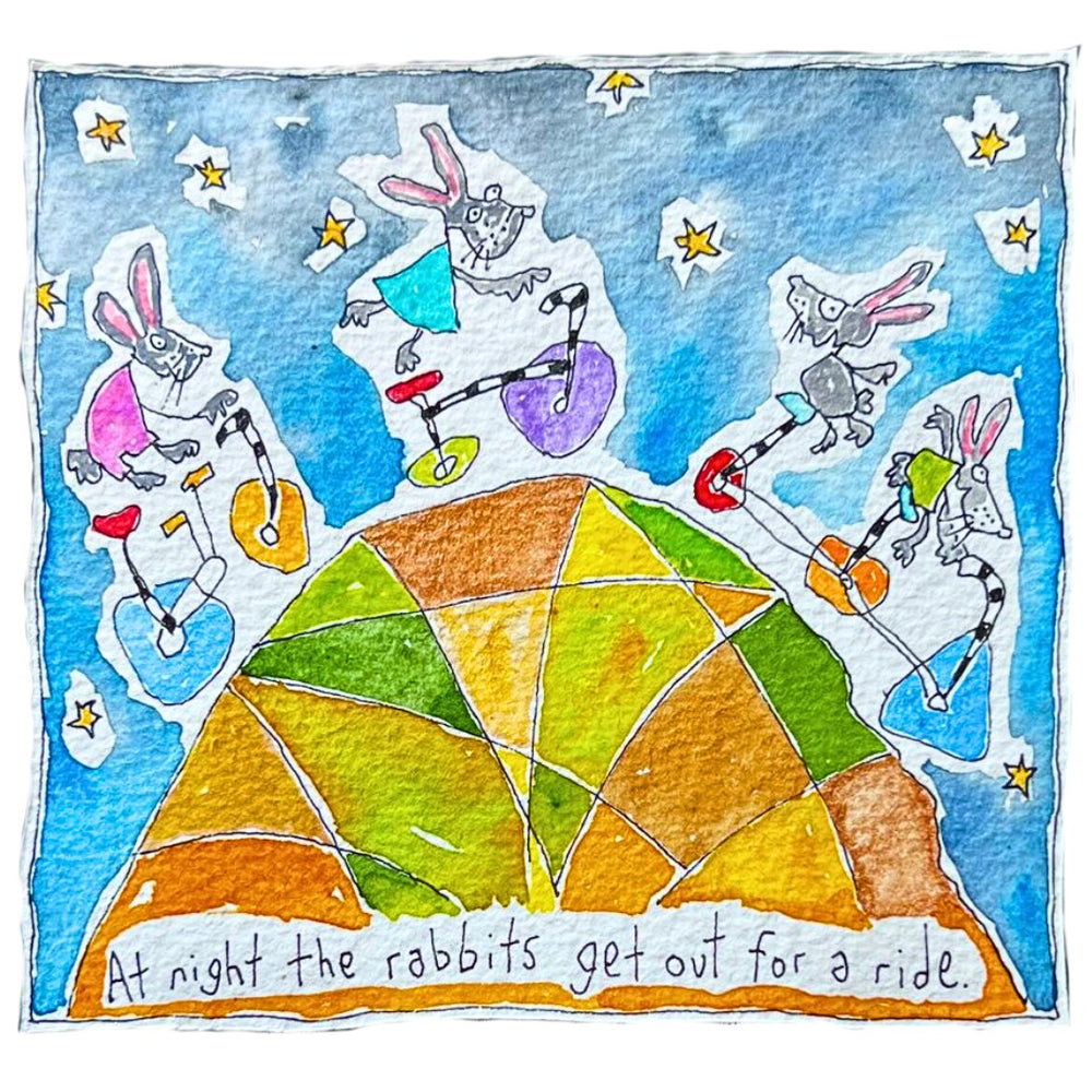 At night the rabbits get out for a ride (framed watercolour)