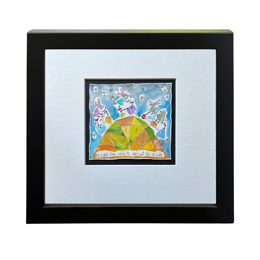 
                  
                    At night the rabbits get out for a ride (framed watercolour)
                  
                