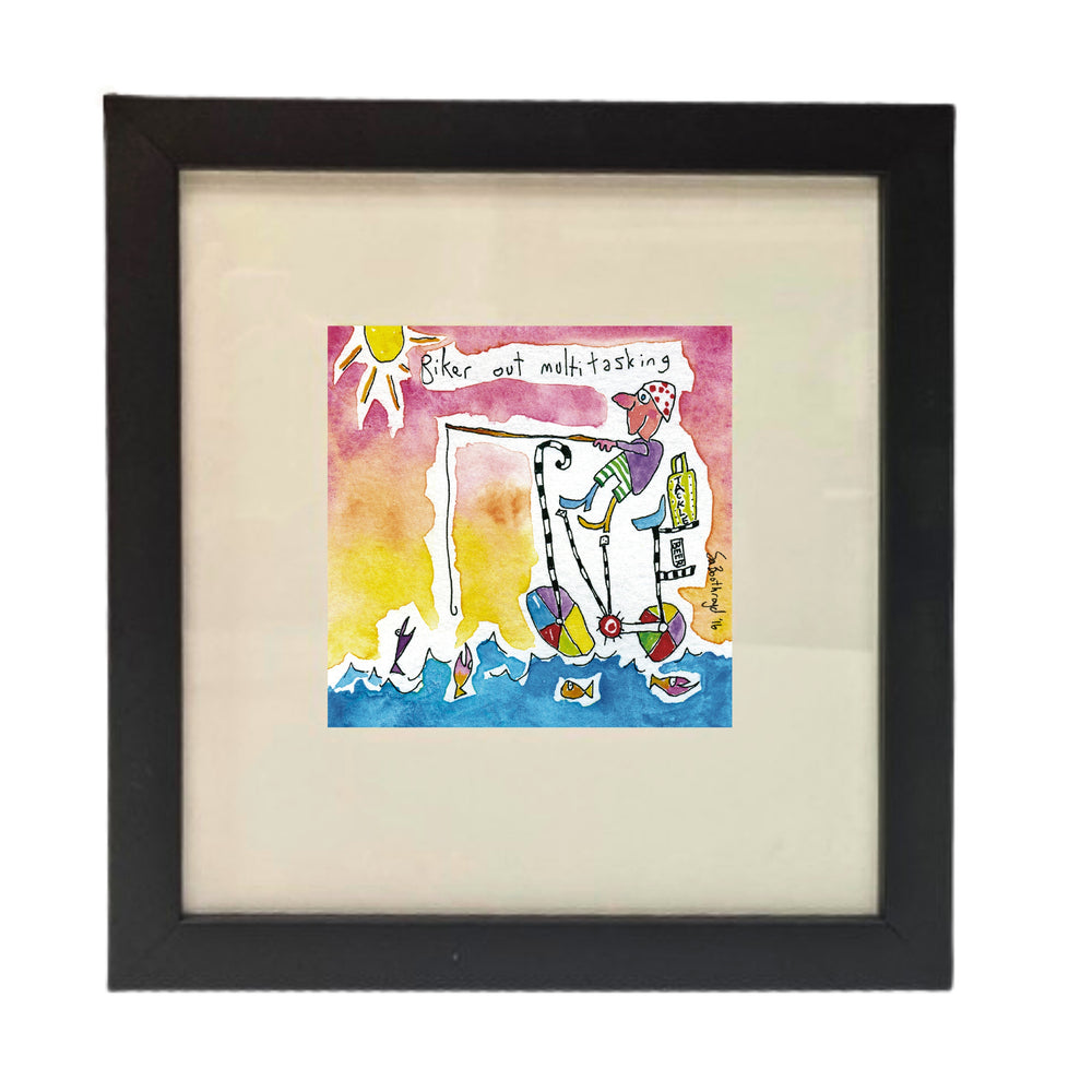 
                  
                    Biker out multitasking (framed watercolour)
                  
                