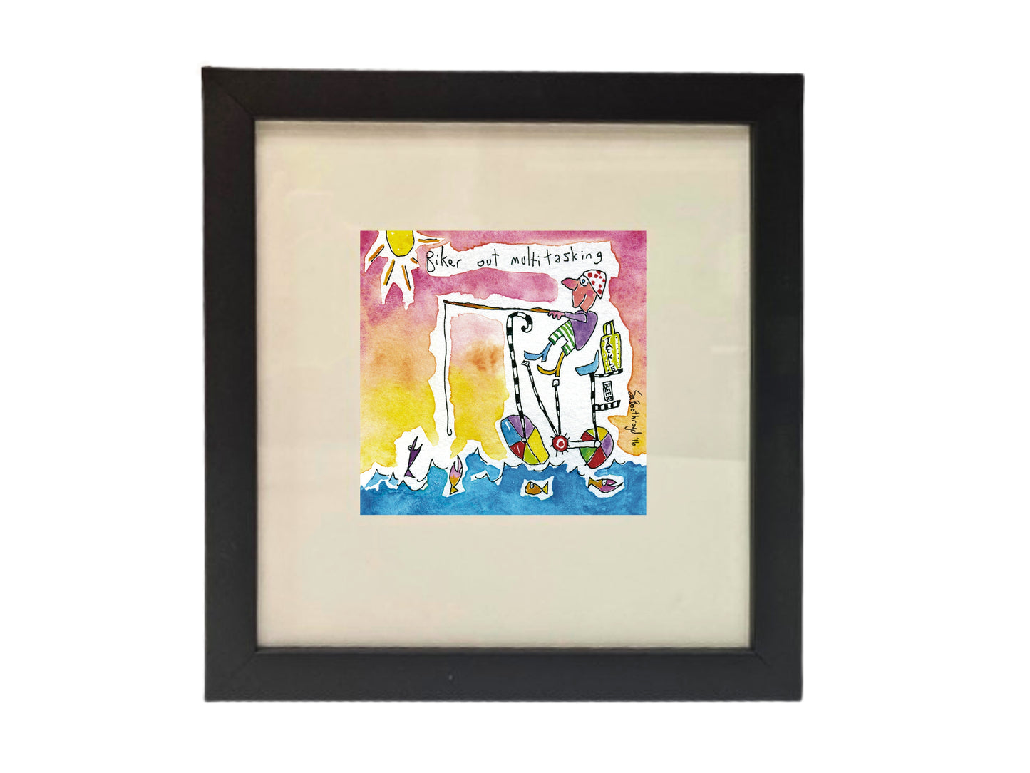 
                  
                    Biker out multitasking (framed watercolour)
                  
                