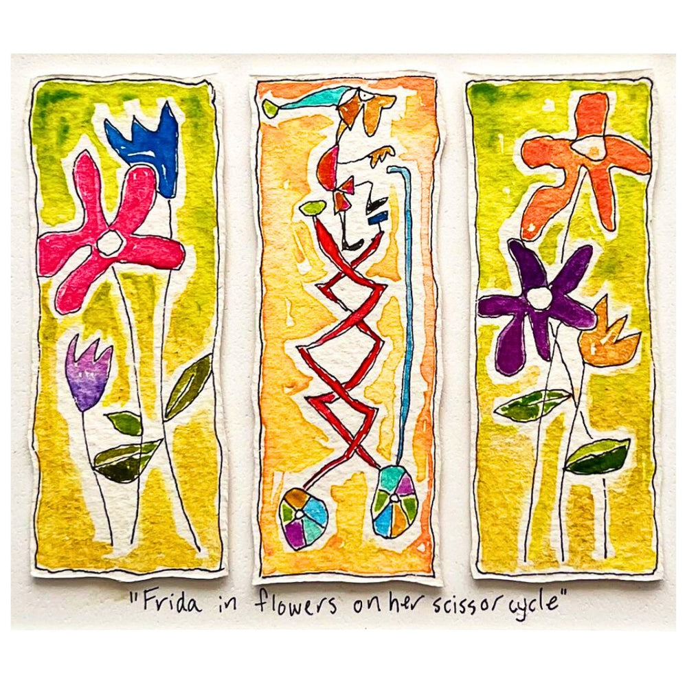Frida in flowers on her scissor cycle (framed watercolour)