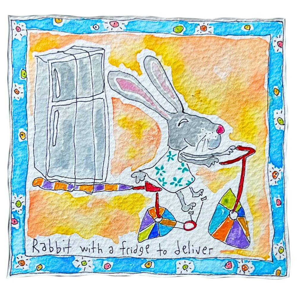 Rabbit with a fridge to deliver (framed watercolour)