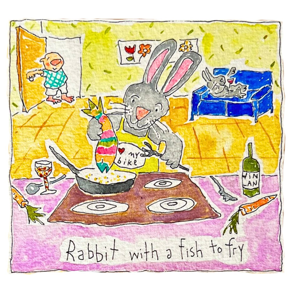 Rabbit with a fish to fry (framed watercolour)
