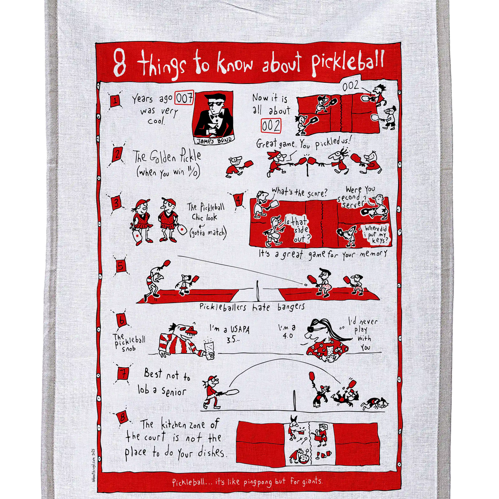 
                  
                    Tea Towel - 8 things to know about pickleball (also available in red!)
                  
                