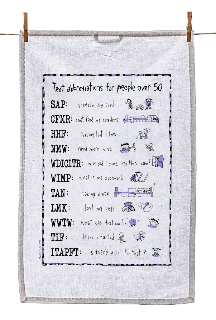 
                  
                    Tea Towel - Text abbreviations for people over 50 (also available in teal!)
                  
                