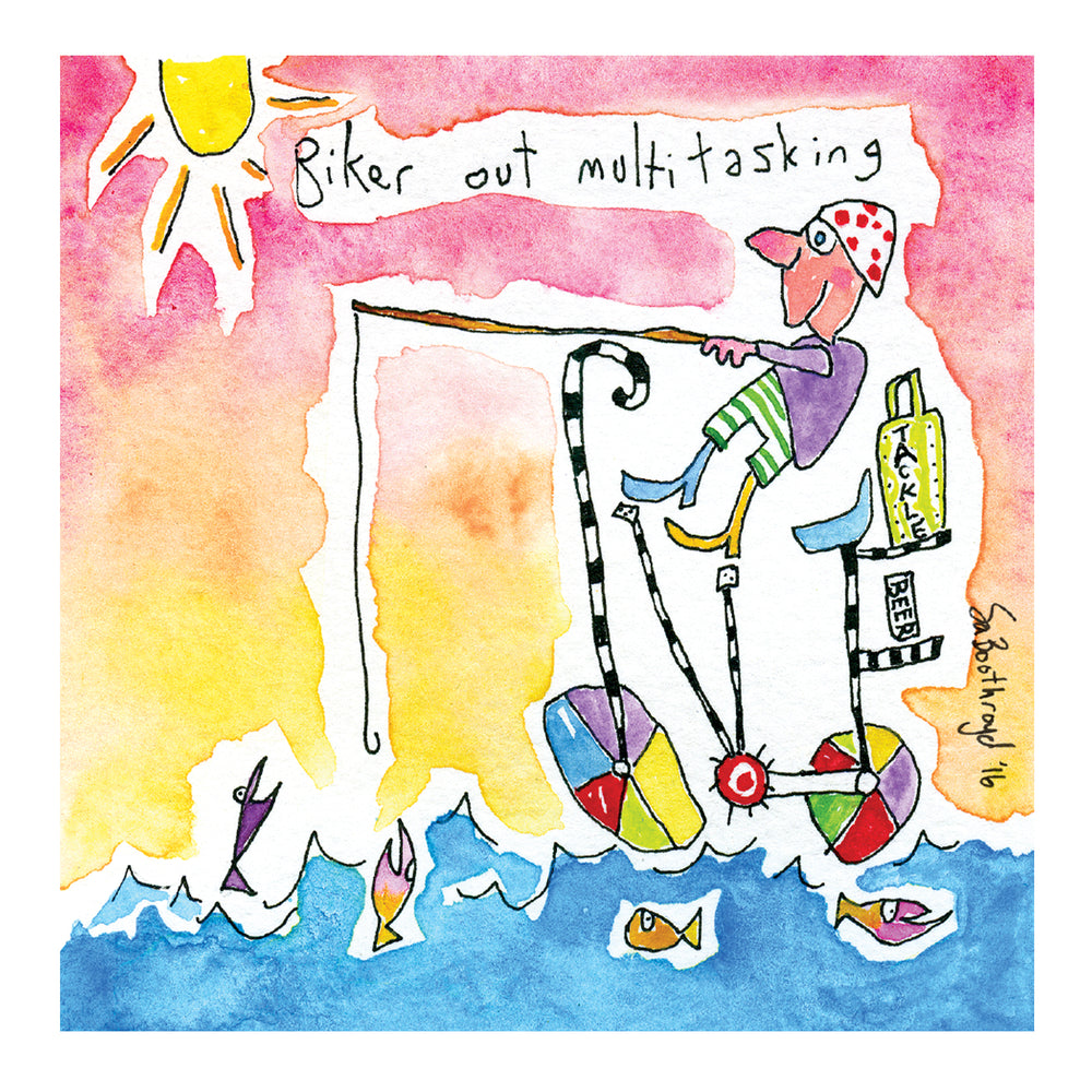 Biker out multitasking (framed watercolour)