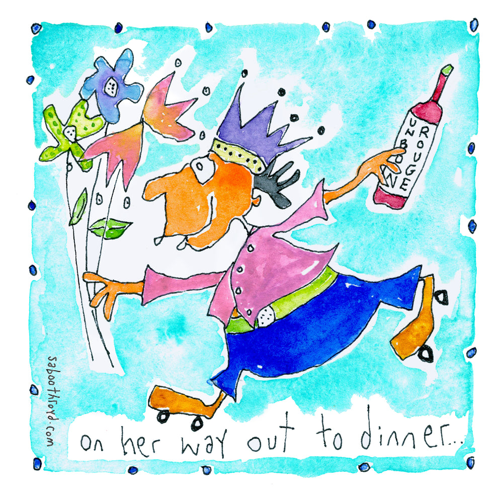 On her way out to dinner (framed watercolour)